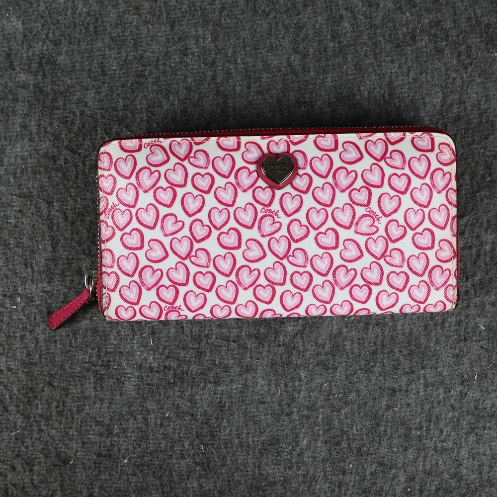 Coach Wallet Womens One Size Pink Heart Print Zip Around Wristlet Canvas Leather